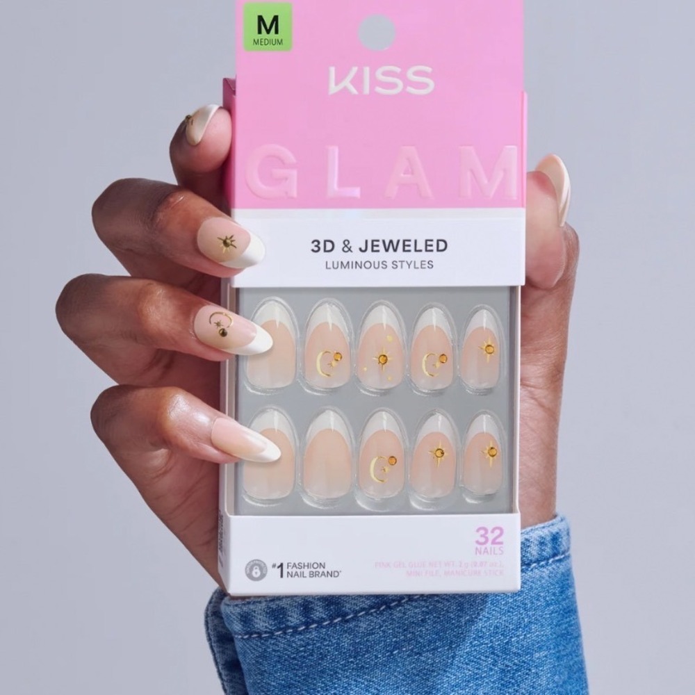 KISS Glam 3D & Jeweled Press On Nails Zephyr Medium Almond French Tip GJ05 32ct